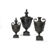 Three James Neale dry-bodied stoneware black basalt urns, circa 1776-8