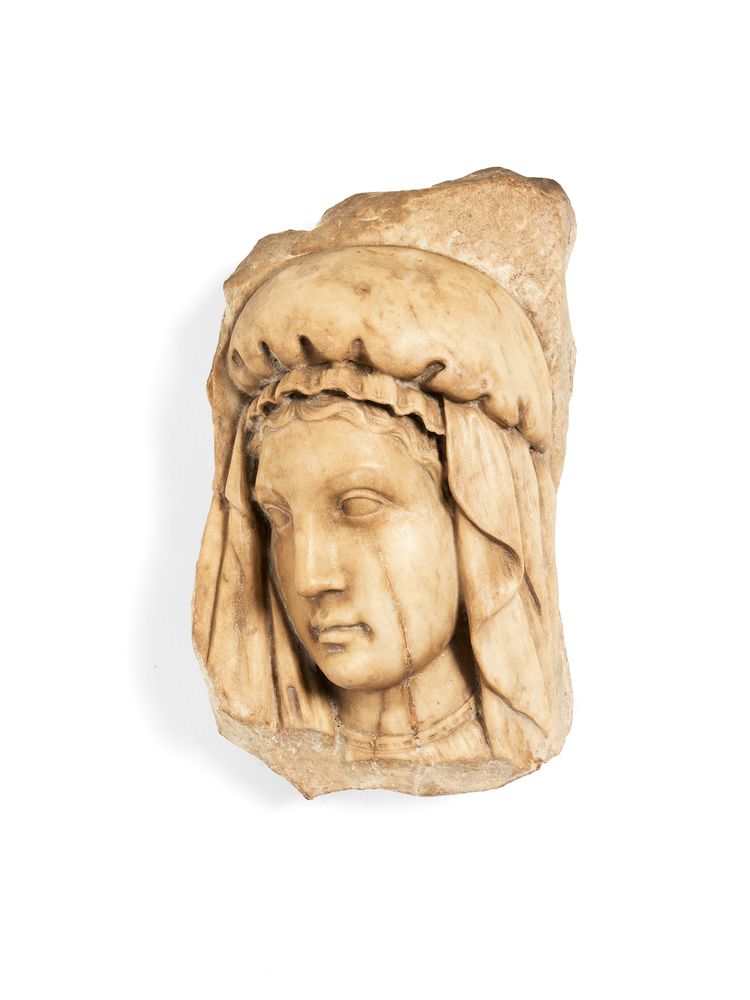 A Continental, probably Spanish or Italian, sculpted stone relief fragment of a maiden, probably 19t