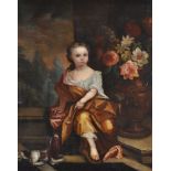 Circle of James Maubert (Irish 1666-1746) Portrait of a young girl, in gold dress with a spaniel at