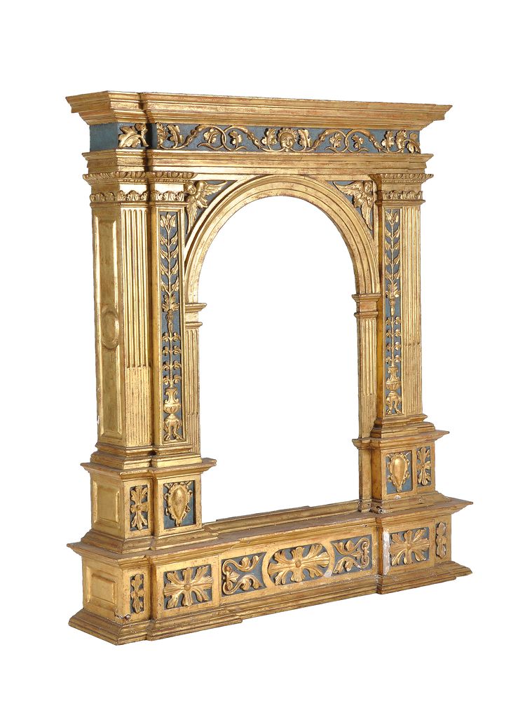 A Continental, probably Italian, giltwood and painted picture frame oftabernacle type, 19th century