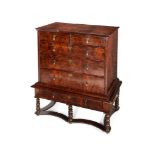 A Queen Anne and later, figured walnut chest on stand