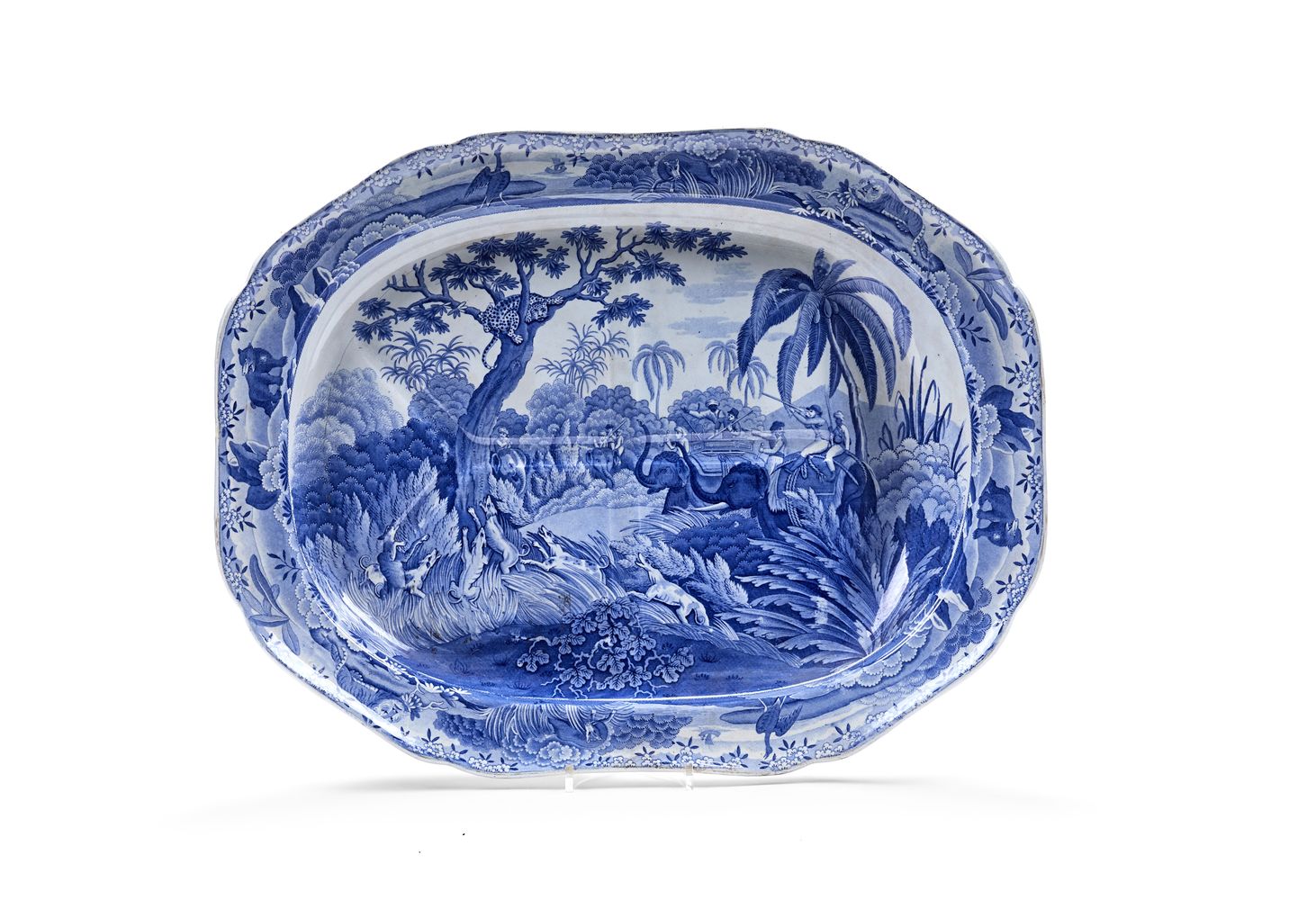 A Spode blue and white pearlware 'well and tree' meat dish from the 'Indian Sporting' Series, circa