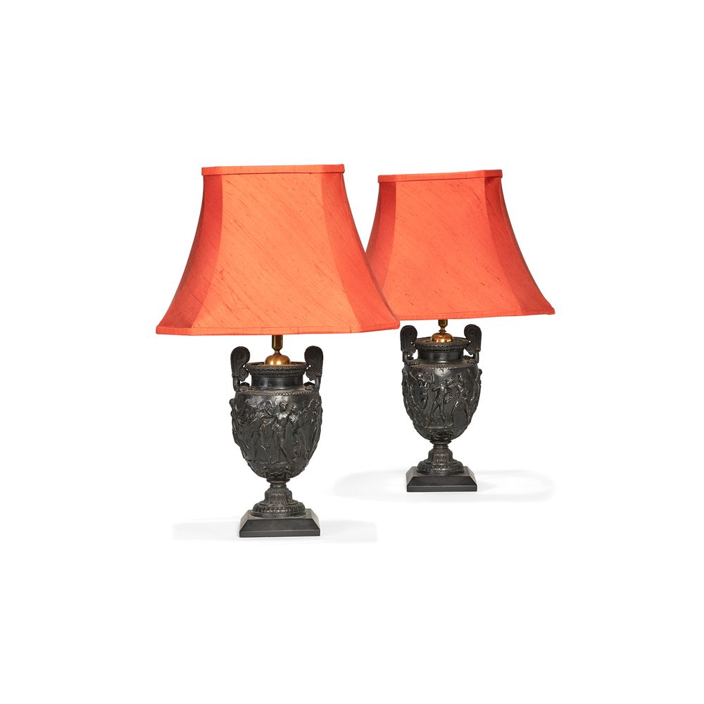 A pair of French spelter models of the Townley Vase fitted as table lamps, circa 1890