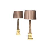 A pair of Breccia and gilt metal mounted obelisk table lamps, modern