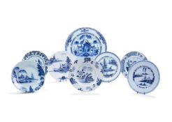 A selection of Chinoiserie English blue and white delft, third quarter 18th century