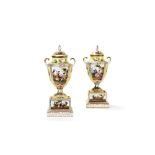 A pair of Dresden yellow-ground urns, covers and plinth bases, circa 1900, in the manner of Helena W