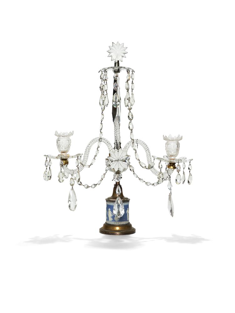 An assembled English cut-glass, jasper and gilt-metal-mounted twin-branch candelabrum, 19th century