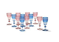 Twelve acid-etched and flashed small wine glasses, circa 1900