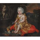 Follower of Sir Peter Lely Portrait of an infant, in a gold wrap and lace bonnet, seated, holding fl
