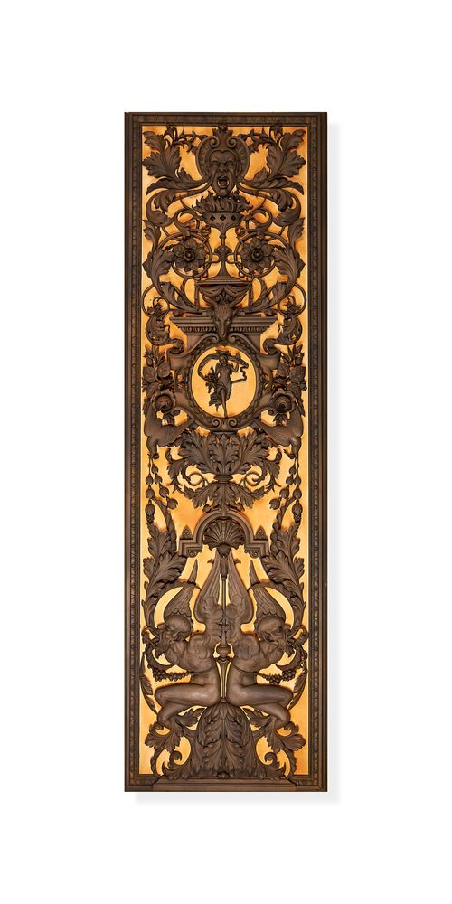 A pair of carved bronzed wood panels by Anton Leone Bulletti, Florence, dated 1864