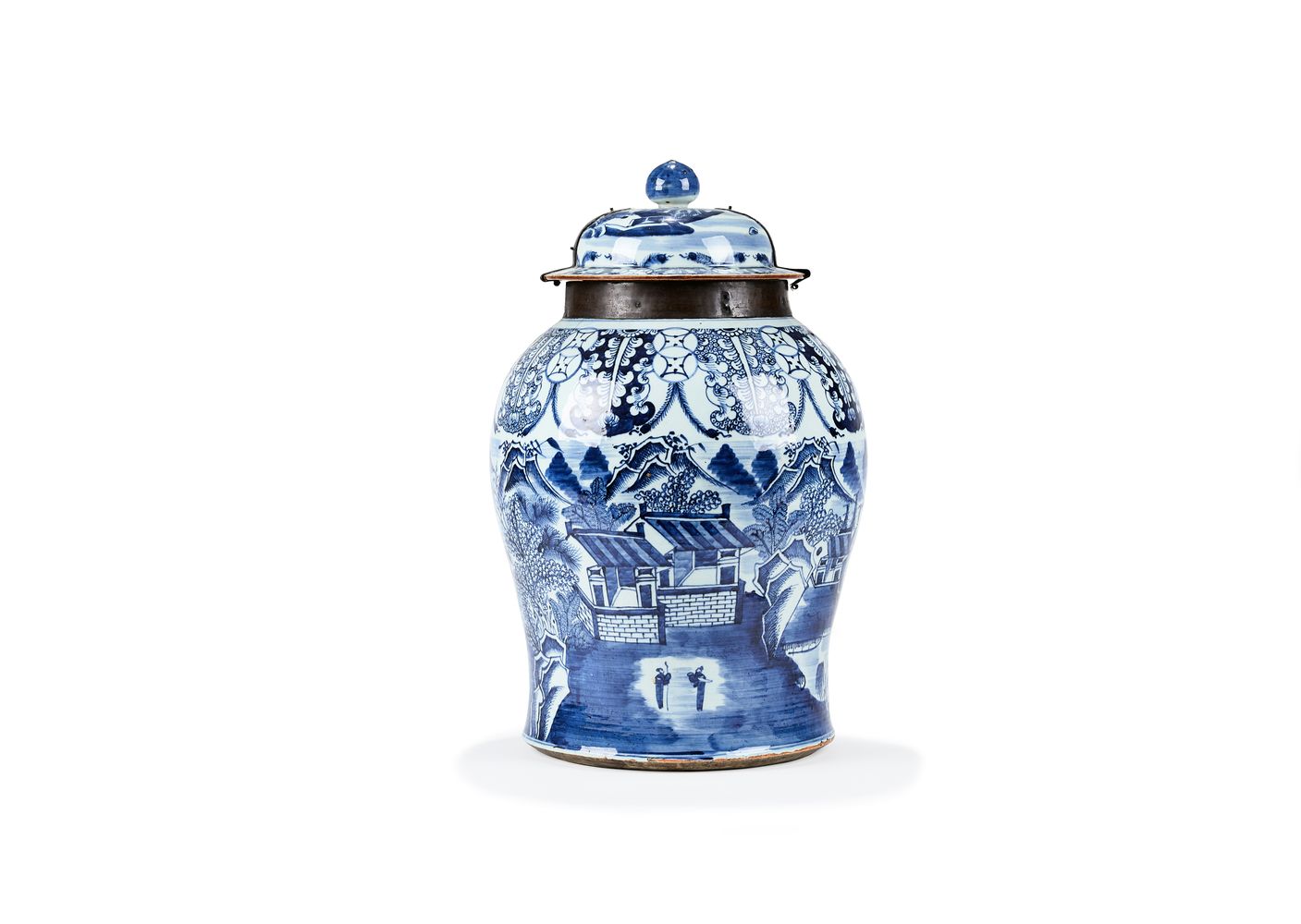 A large Chinese blue and white 'Temple' jar and cover, Qing Dynasty, 18th century