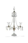 An English cut glass and moulded twin branch candelabrum with lustres, 19th century