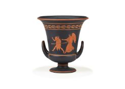 A Wedgwood black basalt and encaustic decorated Attic style two-handled urn, mid 19th century