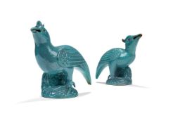 A pair of Chinese 'robins egg' glazed models of mythical birds, Qing Dynasty, 19th century