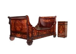 A pair of Dutch mahogany and floral marquetry lits en bateaux