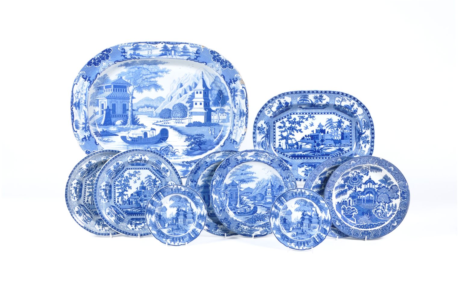 A miscellaneous selection of Staffordshire blue and white chinoiserie pottery