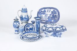 Assorted blue and white printed Staffordshire pottery