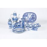 Assorted blue and white printed Staffordshire pottery