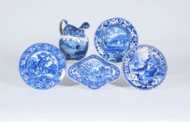 Five items of Staffordshire blue and white printed pottery