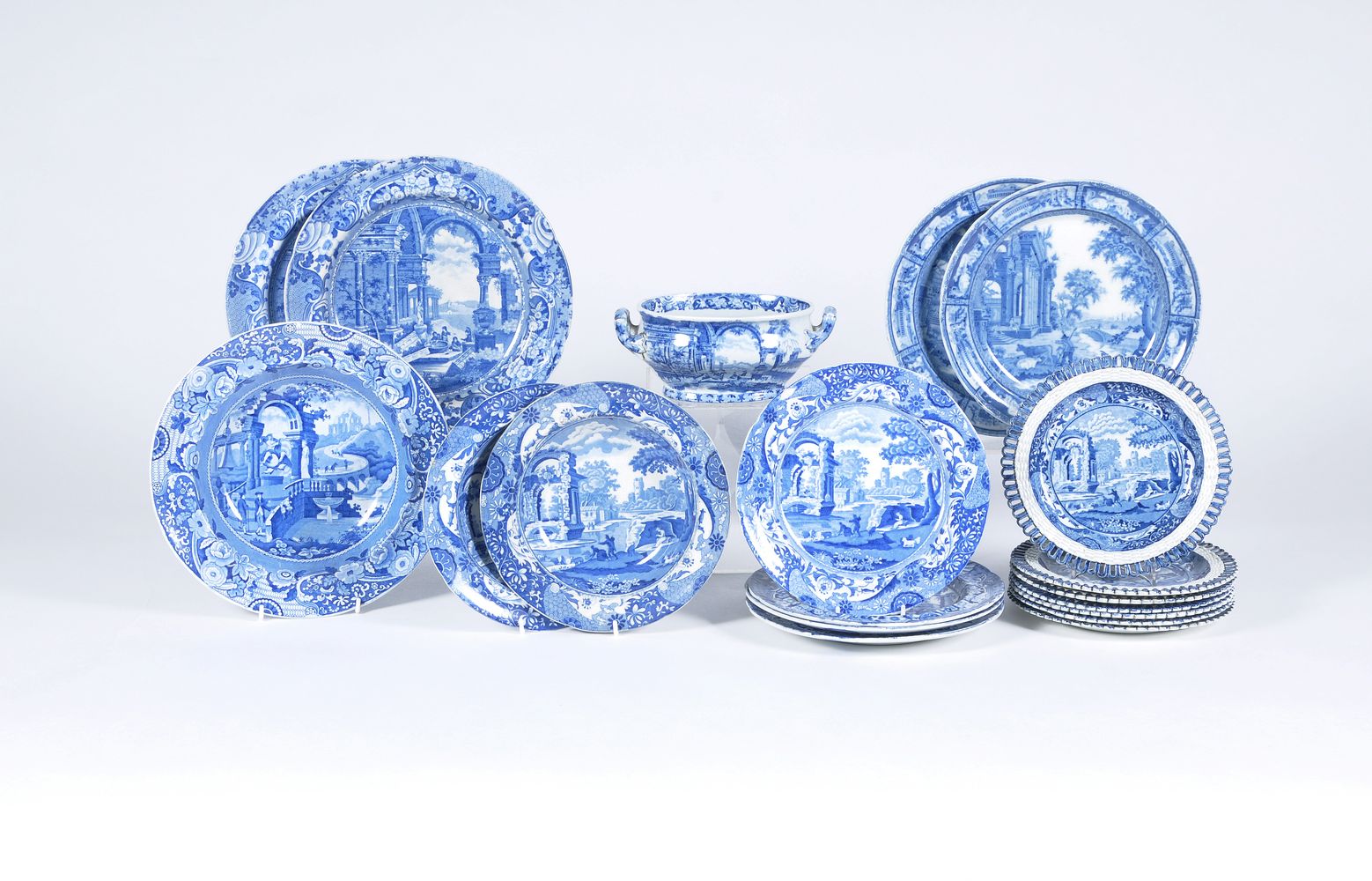 A miscellaneous selection of Spode and other manufacturers blue and white printed pearlware with cla