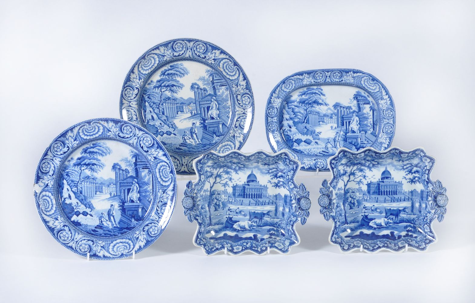 A pair of Rogers blue and white printed pearlware square dessert dishes printed with 'Boston State H