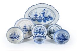 A selection of Staffordshire chinoiserie blue and white painted pearlware domestic wares