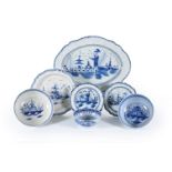 A selection of Staffordshire chinoiserie blue and white painted pearlware domestic wares