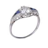 A 1920s diamond and sapphire ring