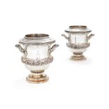 A pair of Regency old Sheffield plate campana shape wine coolers, collars and liners