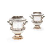 A pair of Regency old Sheffield plate campana shape wine coolers, collars and liners