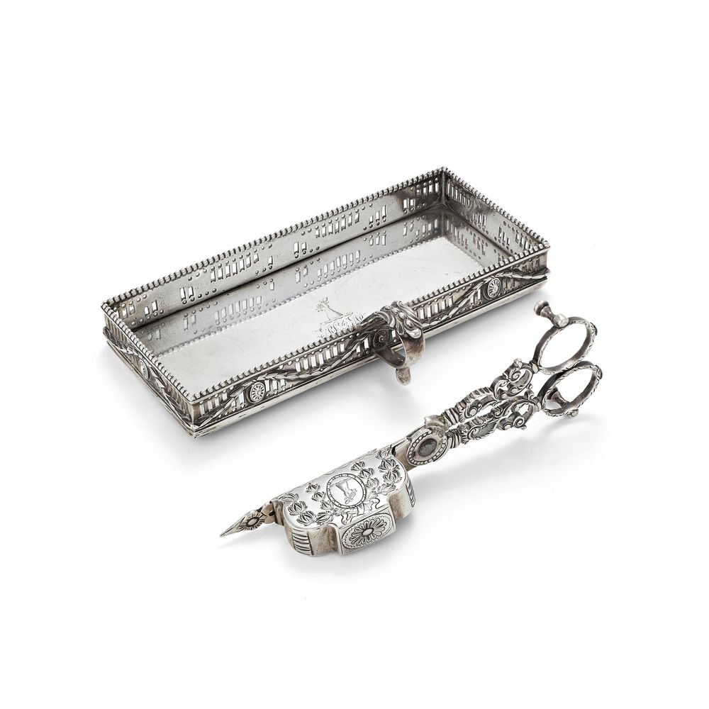 A George III silver candle snuffers and stand