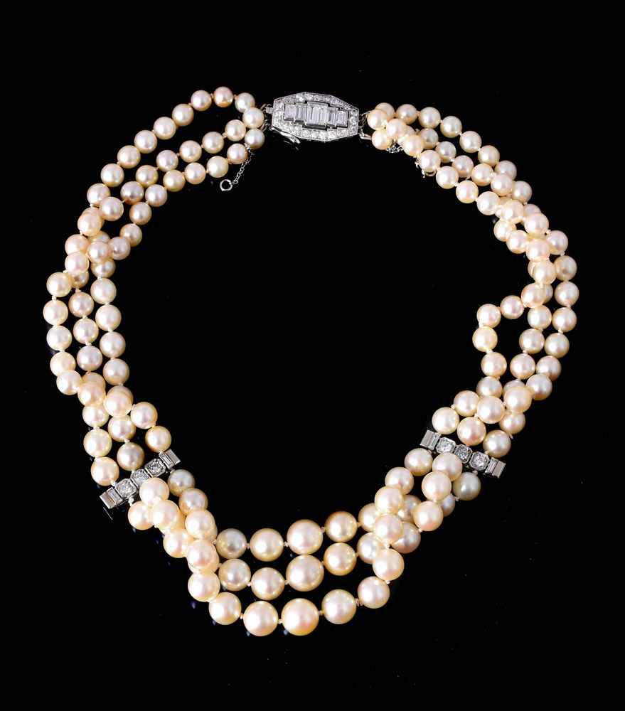 A French cultured pearl and diamond necklace