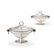 A pair of George III silver oval pedestal sauce tureens and covers by Paul Storr
