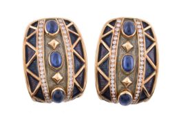 A pair of enamel, sapphire and diamond earrings by Amr Shaker