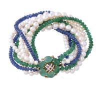 A 1960s cultured pearl, emerald and sapphire bracelet by Verdura