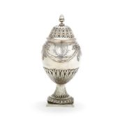 A George III silver ovoid pedestal sugar caster by Pierre Gillois