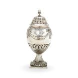 A George III silver ovoid pedestal sugar caster by Pierre Gillois