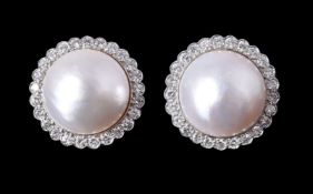 A pair of diamond and mabé pearl cluster ear clips