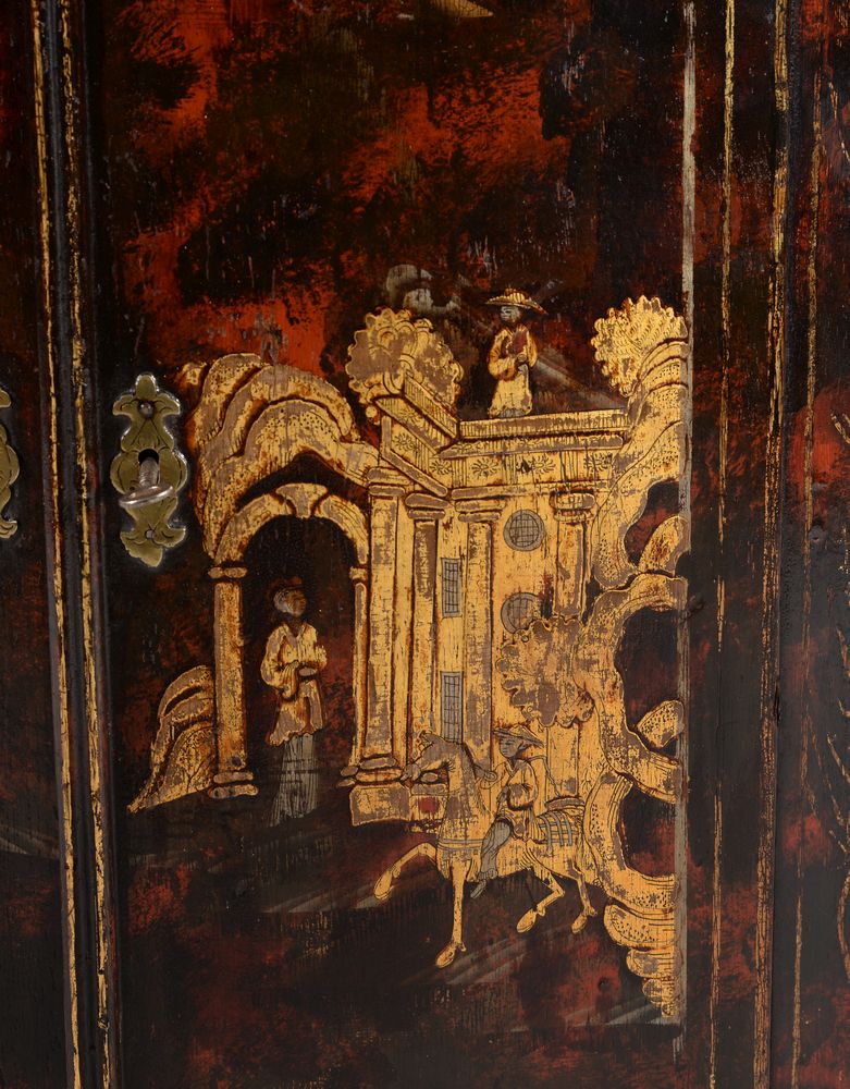 A George I simulated tortoiseshell and gilt chinoiserie decorated bowfront hanging corner cupboard, - Image 2 of 4