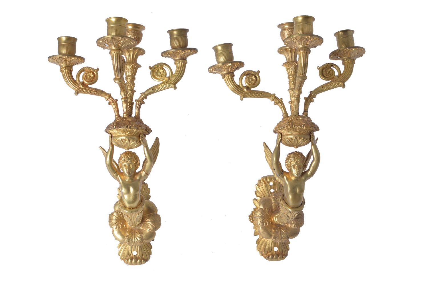 A pair of Empire or Restauration gilt bronze four light wall appliques in the manner of examples by - Image 2 of 3