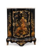 A pair of French black lacquered, gilt Chinoiserie and gilt metal mounted corner cabinets, mid 18th