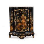 A pair of French black lacquered, gilt Chinoiserie and gilt metal mounted corner cabinets, mid 18th