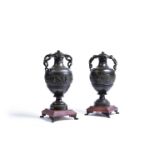 A pair of Continental patinated bronze and rouge marble mounted twin handled urns, late 19th century