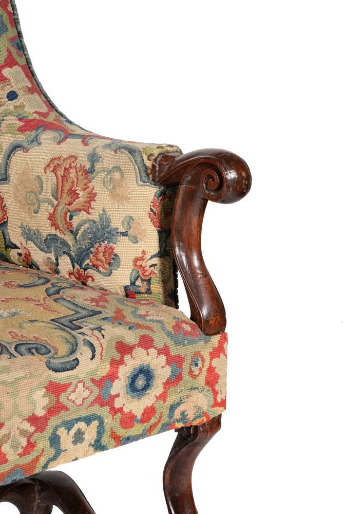 † A French walnut and needlework upholstered settee, 18th century and later elements - Image 5 of 5