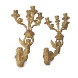 A pair of Empire or Restauration gilt bronze four light wall appliques in the manner of examples by