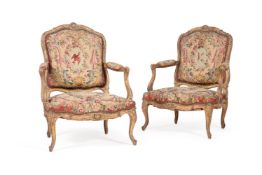 A pair of giltwood and tapestry upholstered fauteuil, in Louis XV style, 19th century