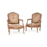 A pair of giltwood and tapestry upholstered fauteuil, in Louis XV style, 19th century