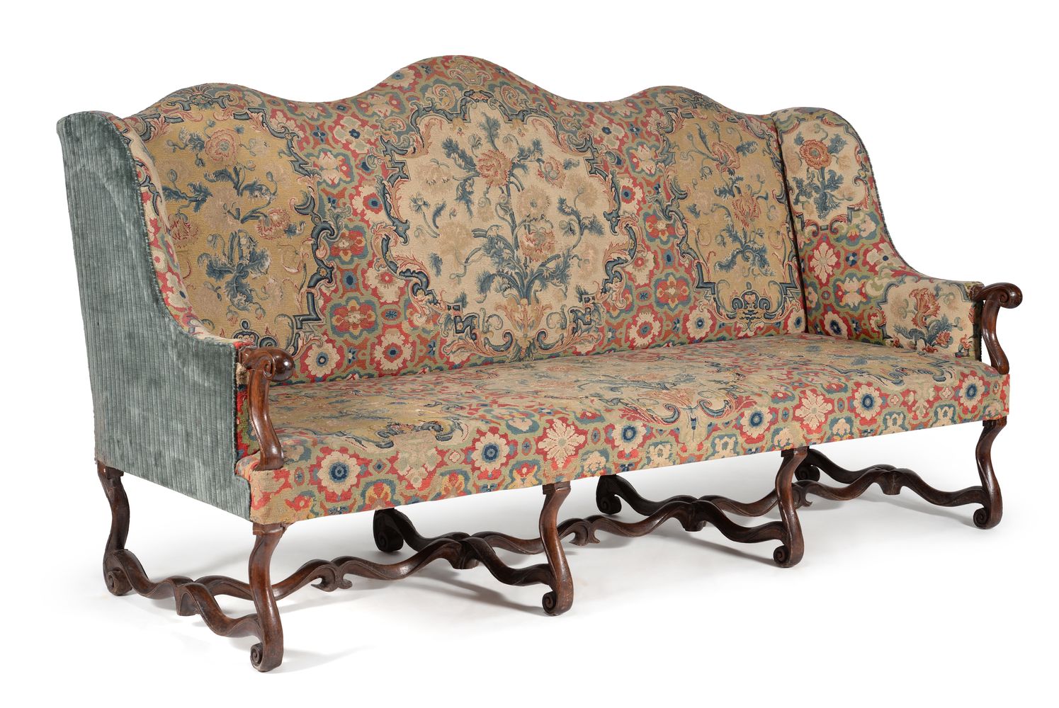 † A French walnut and needlework upholstered settee, 18th century and later elements - Image 2 of 5