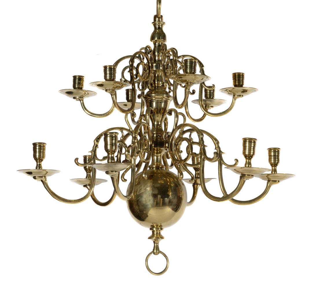 A companion pair of Dutch or English brass twelve light chandeliers, 18th century - Image 2 of 2