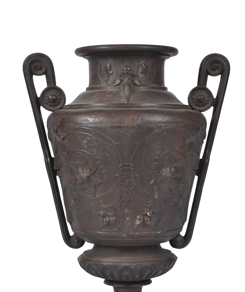 A pair of French cast iron urns in Neoclassical style attributed to Barbezat & Cie - Image 2 of 3